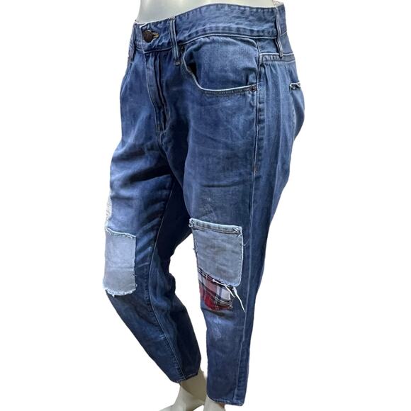 J.Crew Distressed Patchwork Boyfriend Jeans Plaid Detail Size 30 Crop Ankle - Picture 13 of 16